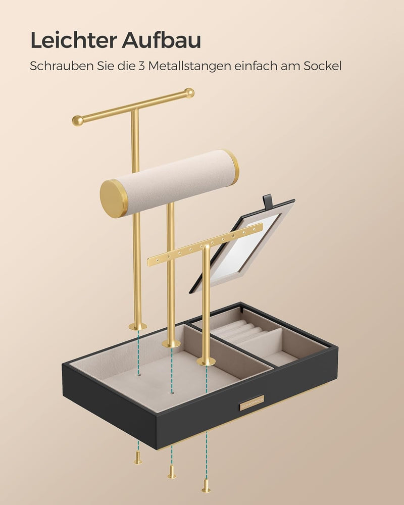 SONGMICS Schmuckständer, Schmuckhalter, Ohrringhalter Metall, Schmucktablett mit Spiegel, Schmuckauf