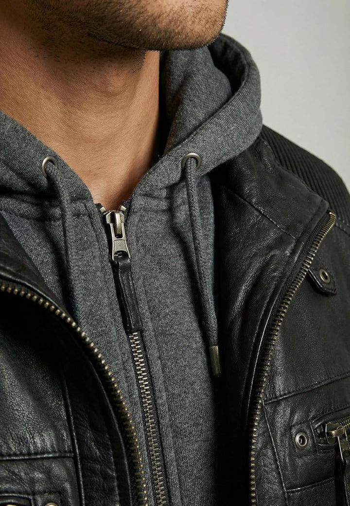 RICANO Nate – Herren Biker Lederjacke (Slim Fit) mit abtrennbarer Kapuze - echtes Lamm Leder XXL Sch