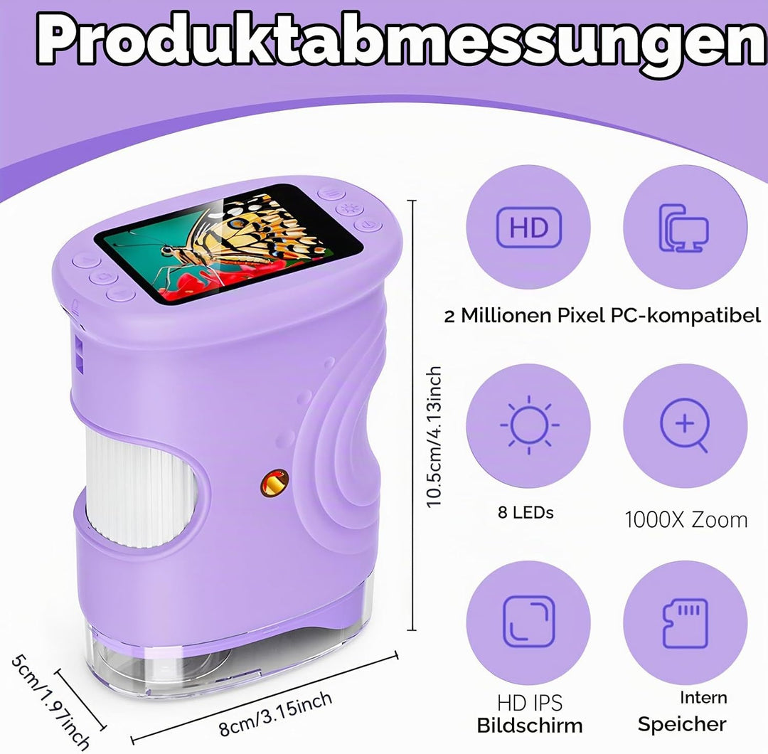 Mikroskop für Kinder, 1000x Digital Mikroskop, Taschenmikroskop Experimente für Kinder ab 6, Kinderm