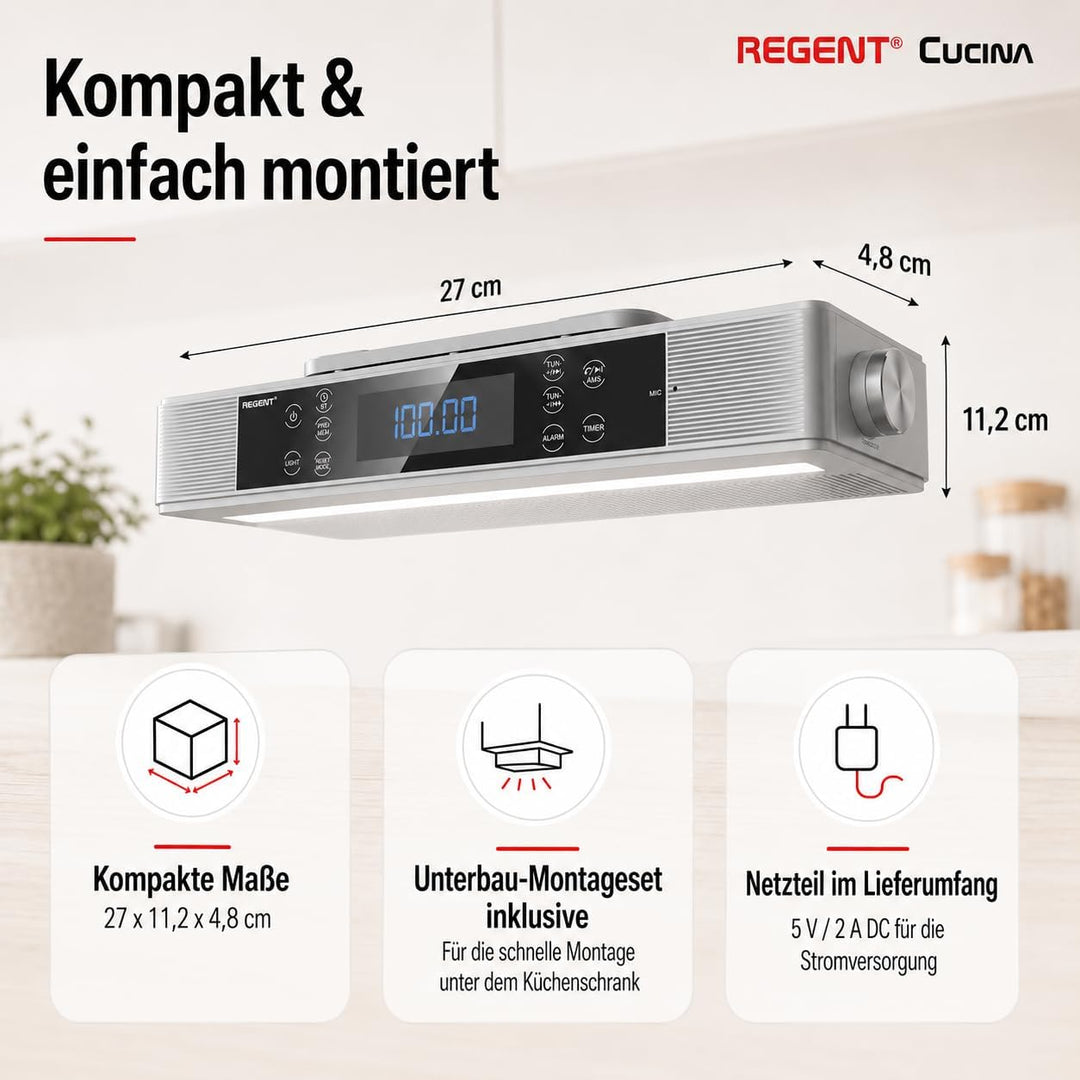 Regent Cucina Unterbau Küchenradio mit FM, Bluetooth, LED-Leiste, Farbdisplay, Küchentimer & 2 Wecke