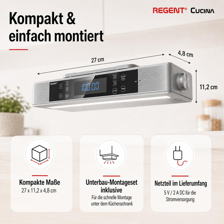 Regent Cucina Unterbau Küchenradio mit FM, Bluetooth, LED-Leiste, Farbdisplay, Küchentimer & 2 Wecke
