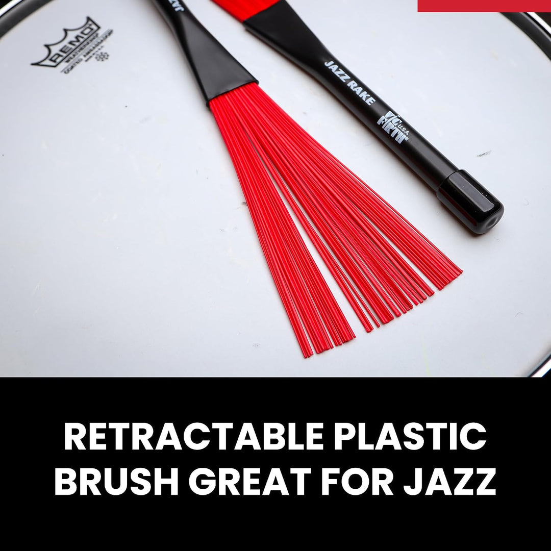 Vic Firth Jazz Rake – Retractable - Red Plastic Handle, Jazz Rake