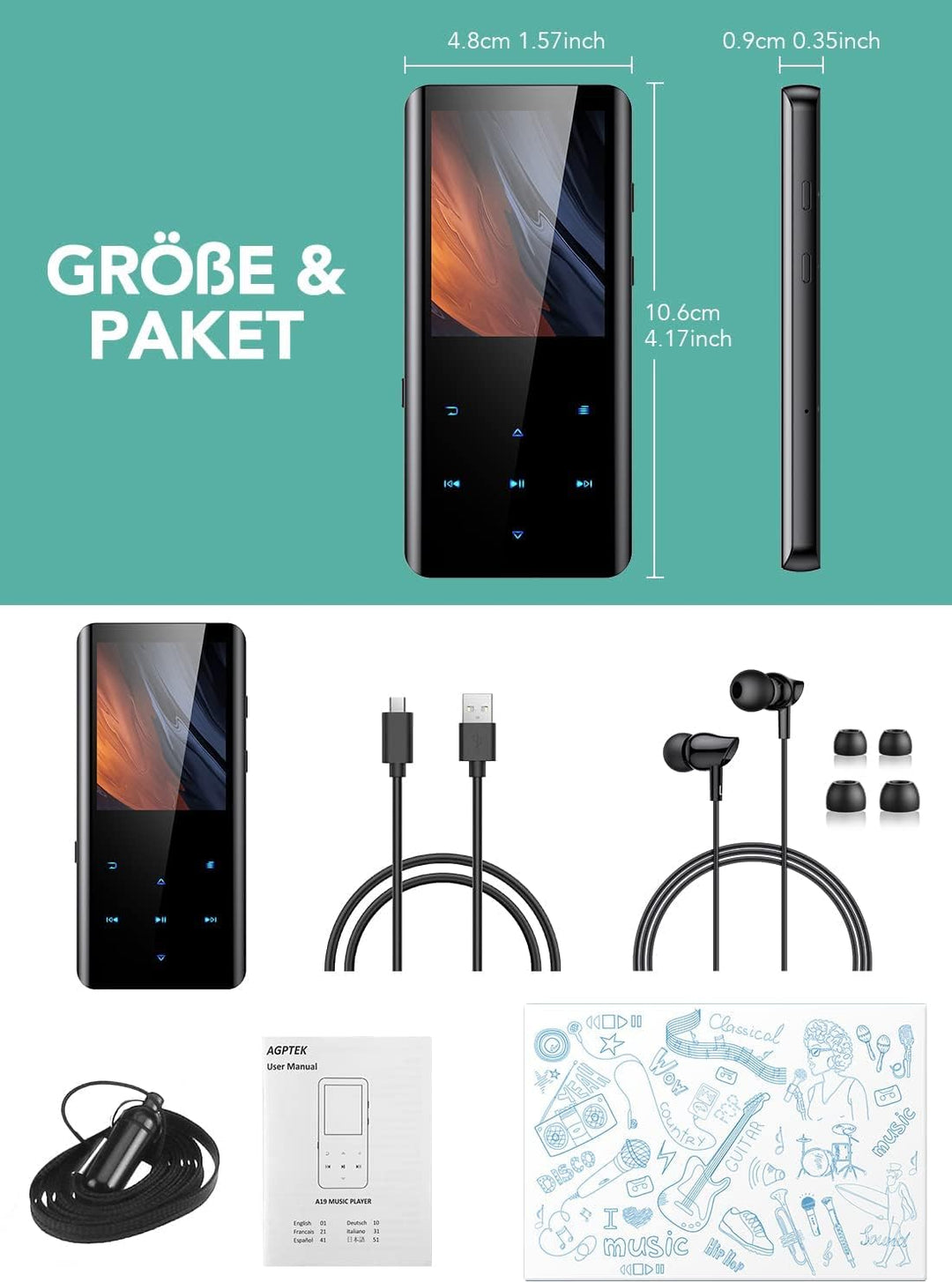 MP3 Player, 32GB Bluetooth 5.0 MP3 Player mit Kopfhörer, MP3 Player Kinder FM Radio Voice Recorder 2