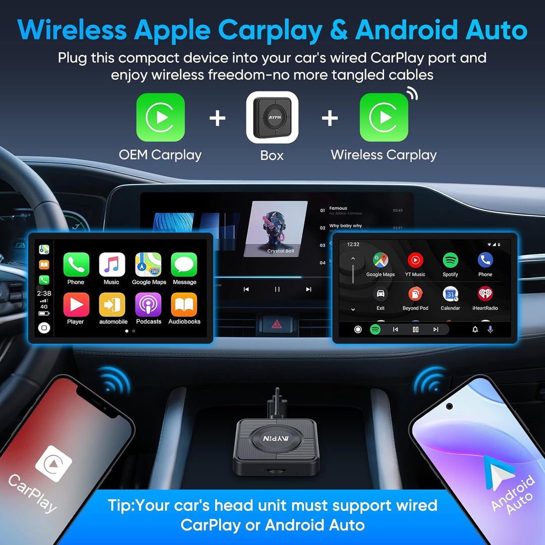 MYPIN Wireless CarPlay Adapter, 3-IN-1 CarPlay/Android Auto/Video Adapter, Plug & Play, Eingebauter