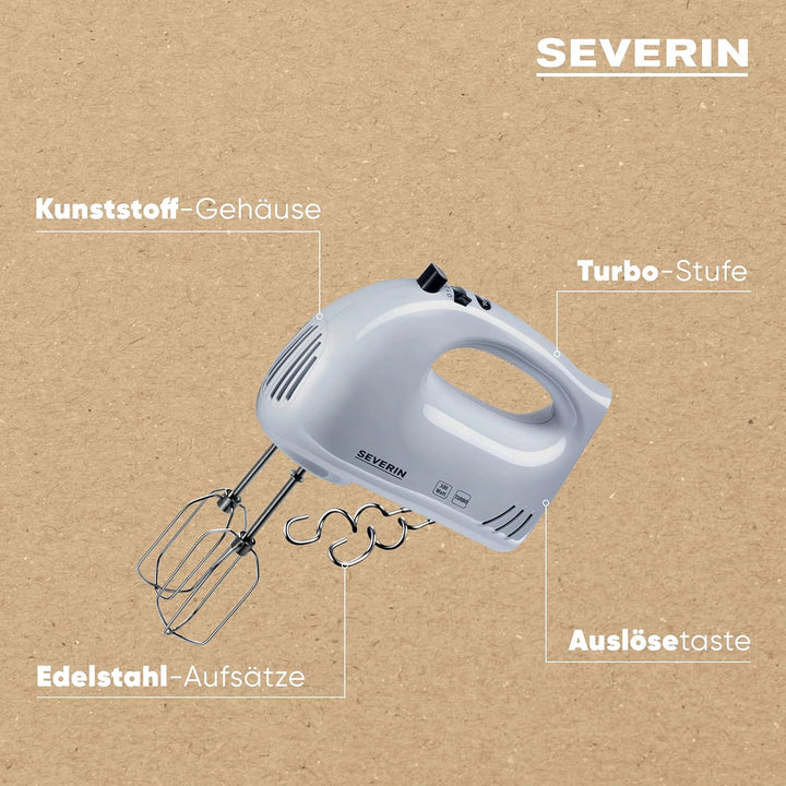 SEVERIN Handmixer, Handrührgerät mit 5 Geschwindigkeitsstufen, praktischer Handrührer mit 2 Edelstah