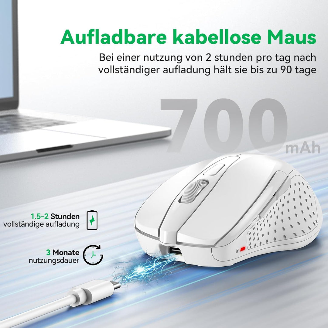 TechRise Bluetooth Maus, 2.4G Maus Kabellos (BT 5.0/3.0 + 2.4G) 4800 DPI Wiederaufladbare Ergonomisc