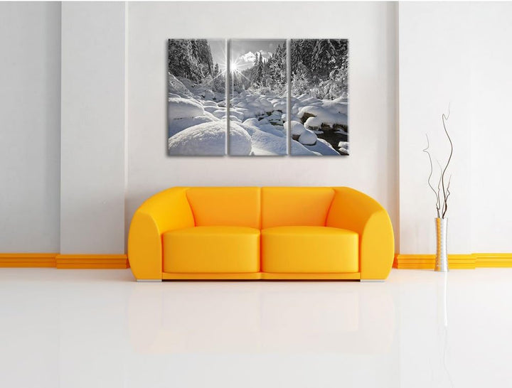 Pixxprint Sonnenstrahlen im schneebedeckten Wald B&W Detail 3-Teiler Leinwandbild 120x80 Bild auf Le
