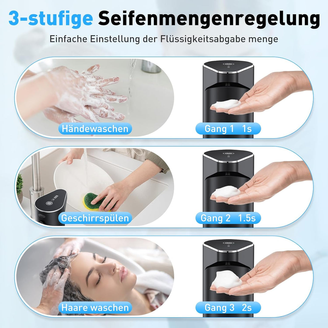 Fantictas Automatischer Schaumseifenspender, 3-stufig, Wandmontage, Schwarz | USB-aufladbar mit 3 Sc