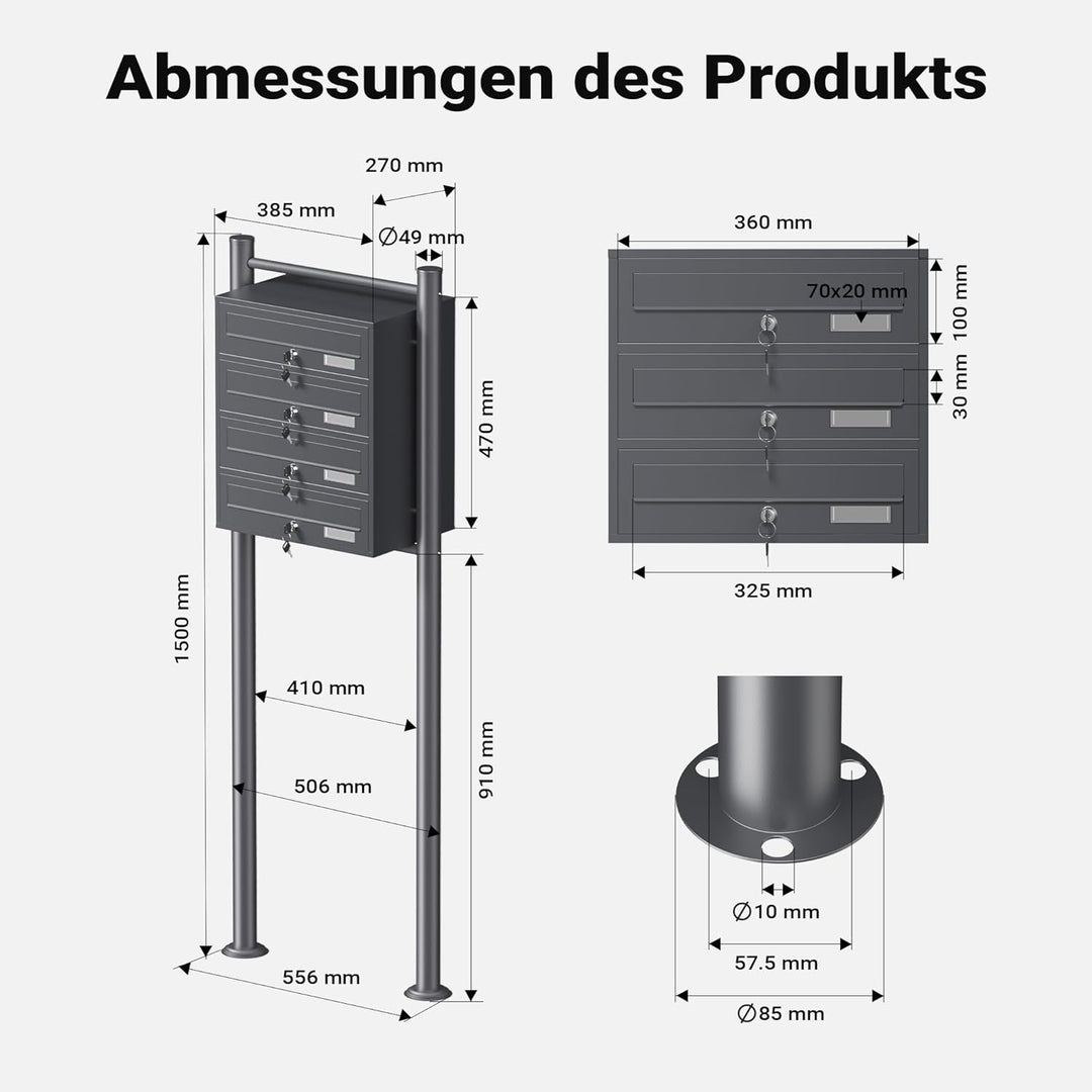 Wiltec 4er Briefkastenanlage Anthrazit 270 x 513 x 1500 mm, Standbriefkasten mit 4 Fächern, Schlüsse