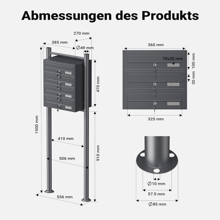 Wiltec 4er Briefkastenanlage Anthrazit 270 x 513 x 1500 mm, Standbriefkasten mit 4 Fächern, Schlüsse