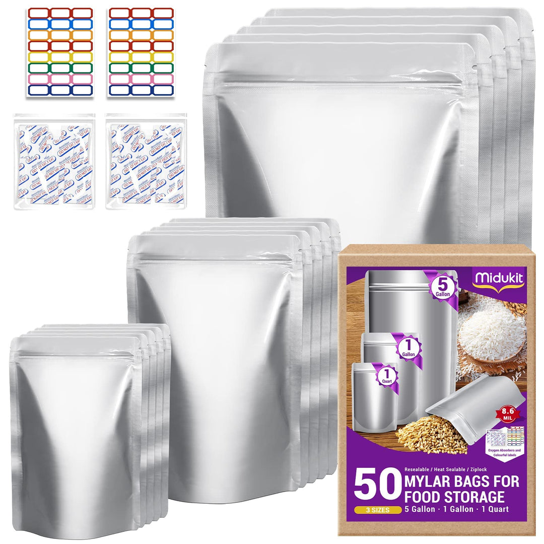 Mylar bags mit sauerstoffabsorber für lebensmittel, 43.5 x 71 cm, 25 x 35 cm, 1 Quart 15 x 22 cm, 8,