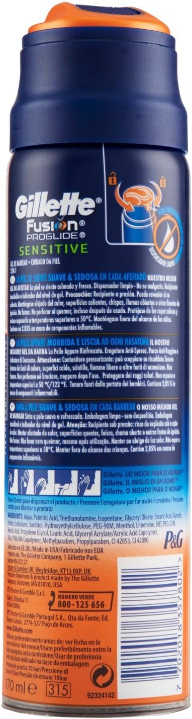 Gillette Fusion ProGlide Active Sport Sensitive 2 in1 Gel-Klingen – 170 ml – [2er Packung] Aktiver S