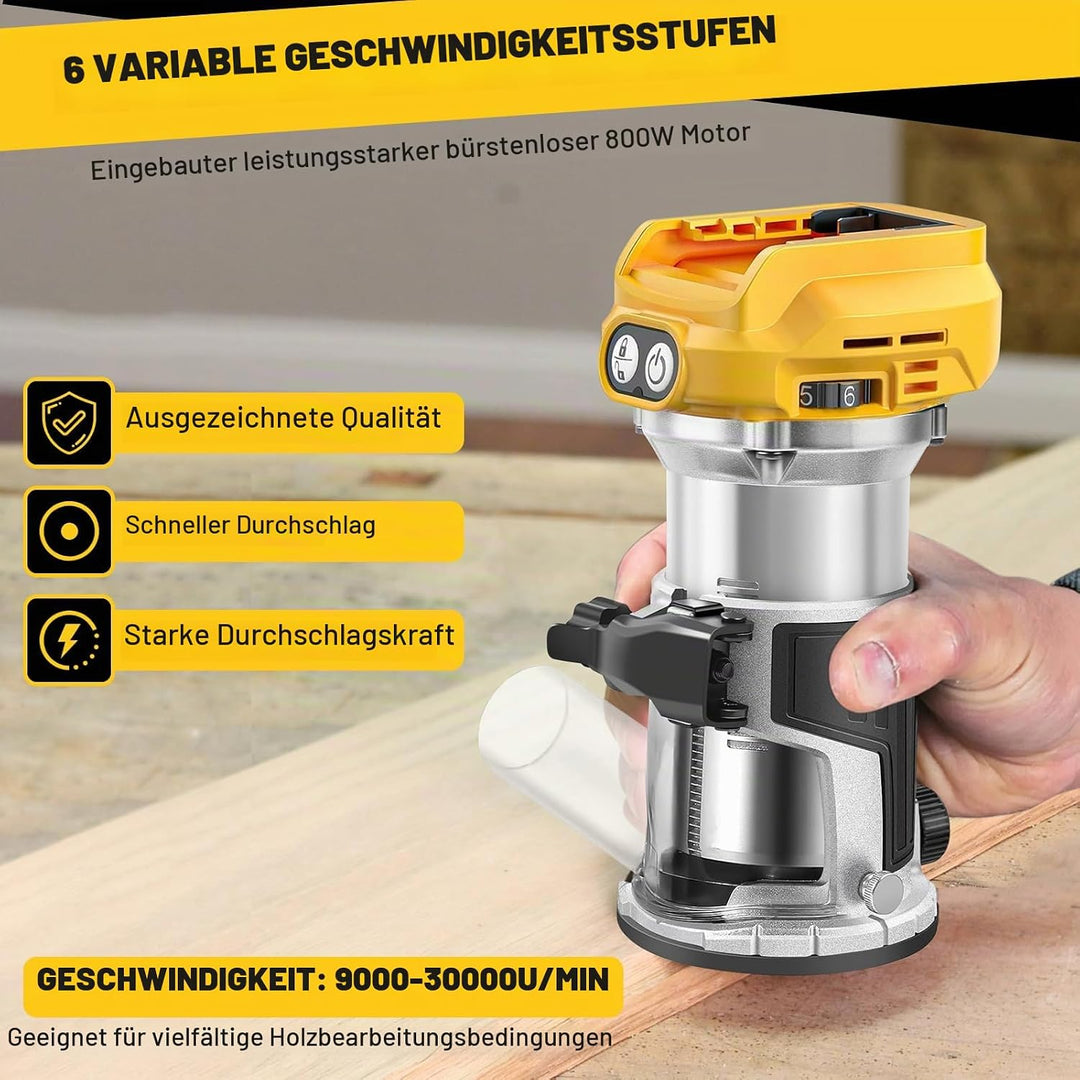 Akku Oberfräse kompatibel mit Dewalt DCB 18V-20V Akku, 800W Oberfräse Trimmer Einhandfräse, Bürstenl