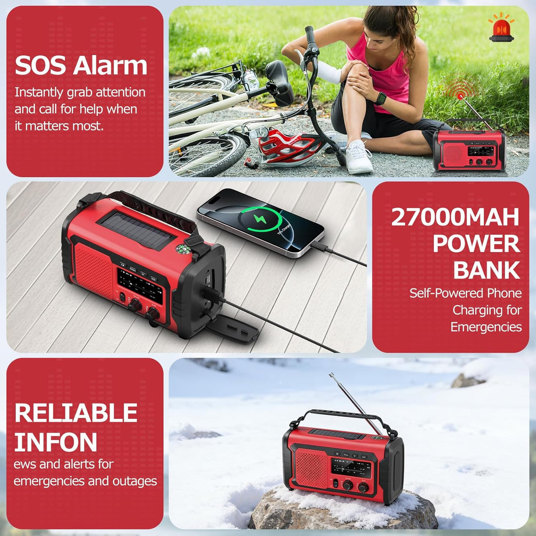 Kurbelradio 27000mAh, Notfallradio Solar Kurbel FM/AM Mit Bluetooth, SOS Alarm Emergency Radio, Kurb