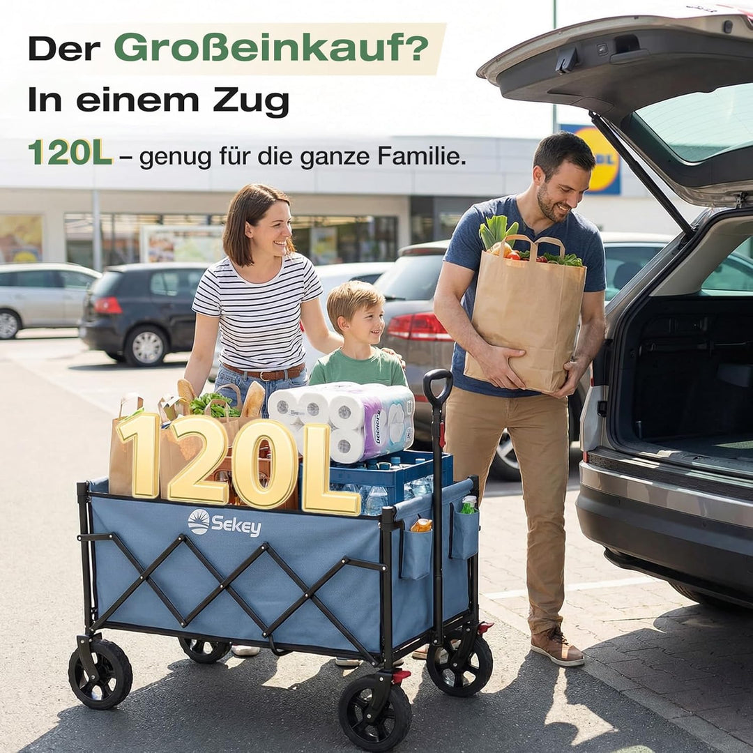 Sekey Bollerwagen Faltbar 120L 100KG Belastbar, Transportwagen klappbar Geländetauglich mit Bremse,