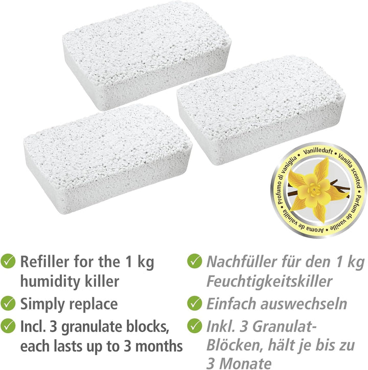 WENKO Nachfüllpack für Luftentfeuchter 3 x 1 kg, Nachfüllpackung für Raumentfeuchter Weiss Vanille,