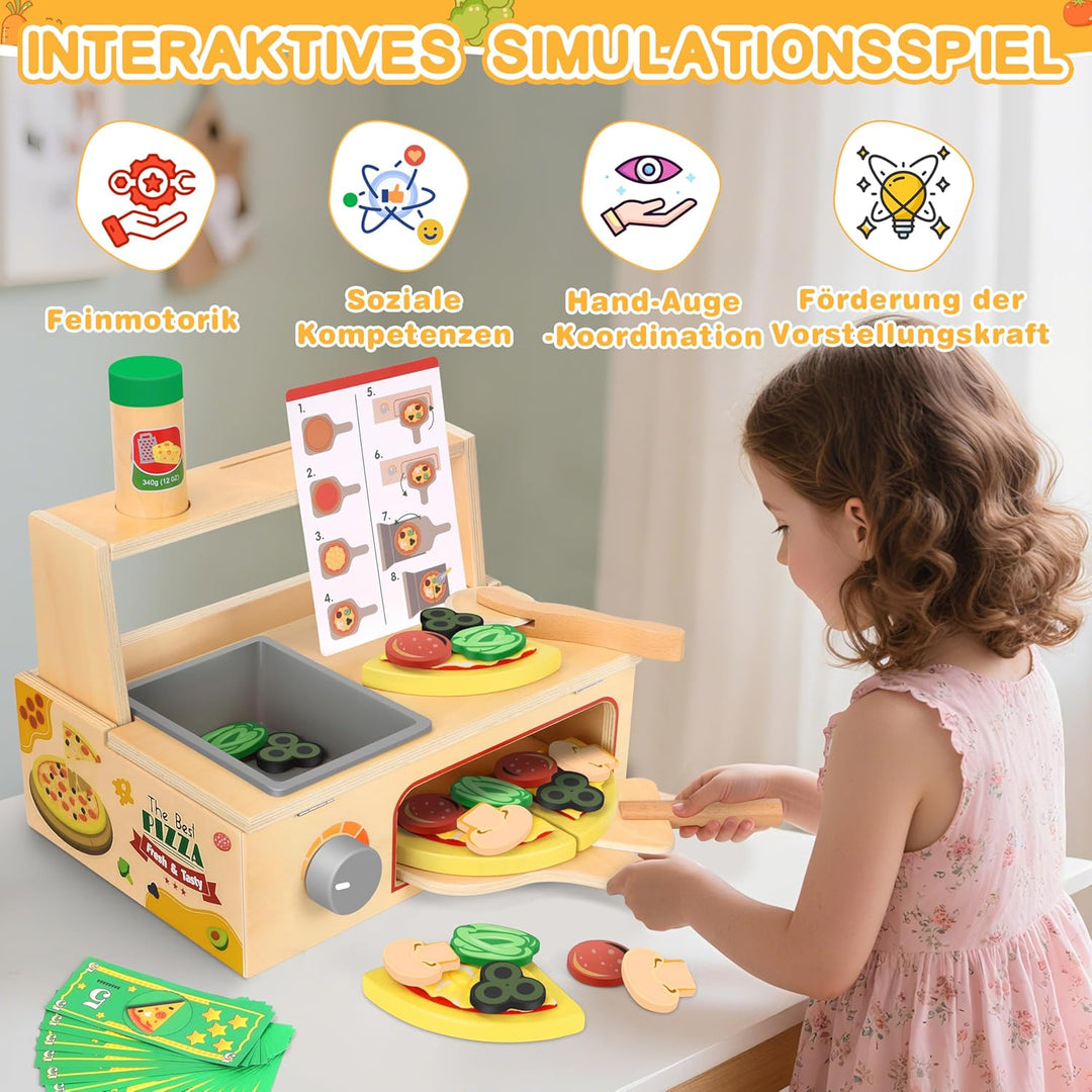 Charmofun Pizza Kinderküche Zubehör Holz, Kinderküche Zubehör Spielküche Pizza Set mit Pizzaofen Sch