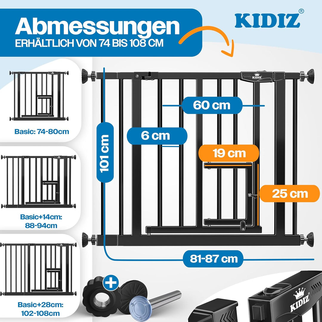 KIDIZ Absperrgitter zum Klemmen mit Katzenklappe, Türschutzgitter, Autoclose Kinder Treppengitter oh