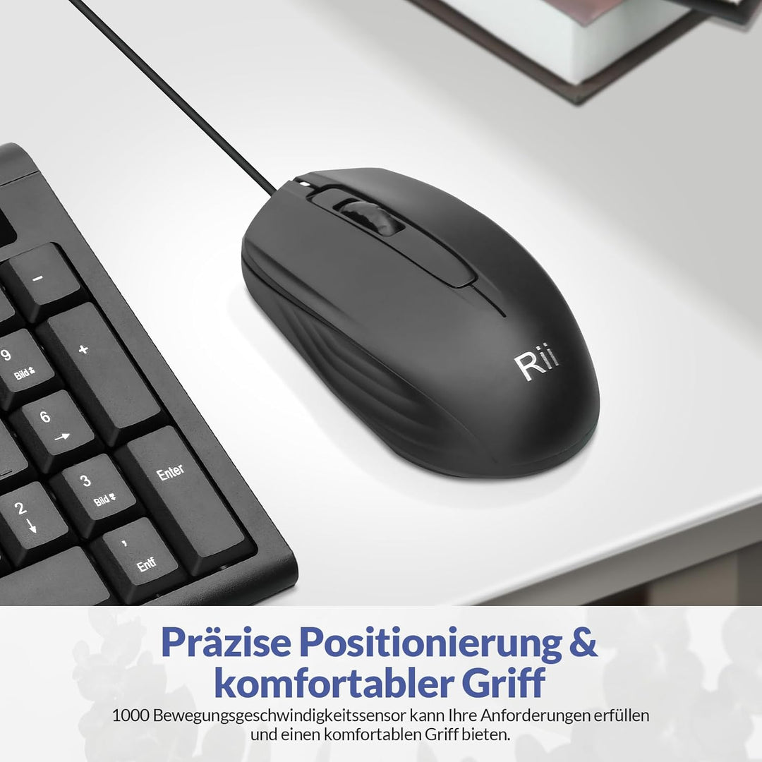 Rii Kabelgebundenes Tastatur-Maus-Set, PC Tastatur mit Kabel, Spritzwassergeschützt, Ergonomisch, US