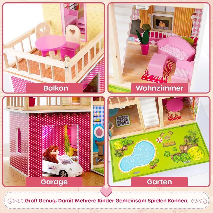 Kinderplay Puppenhaus Holz Gross, Puppenvilla, Puppenhaus Holz Gross komplett - Barbie Traumvilla, B
