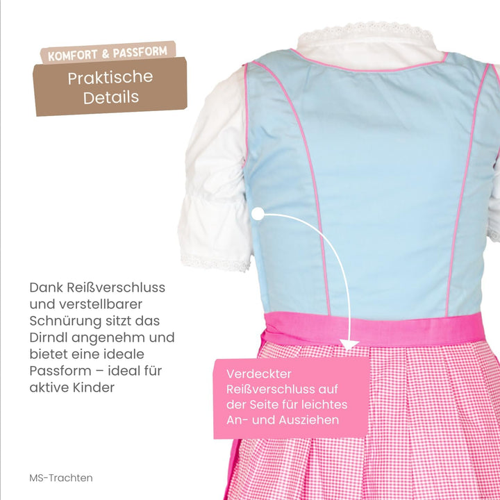 MS-Trachten Kinder Dirndl Kinderdirndl Trachtenkleid Elise rosa hellblau pastell 3 teilig 116 Dunkel