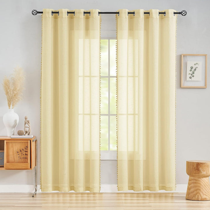 Treatmentex Boho-Gardinen aus transparentem Voile, mit Pompons und Quasten verziert, Ösenvorhang f