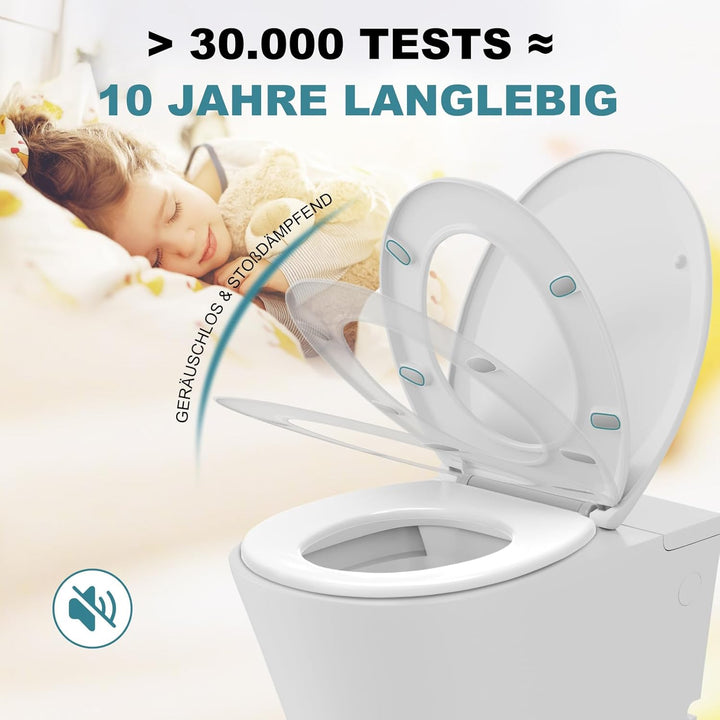 MEEJEE Toilettendeckel mit Absenkautomatik, Weiss WC Sitz Oval, Klobrille Soft Close, Klodeckel Abse