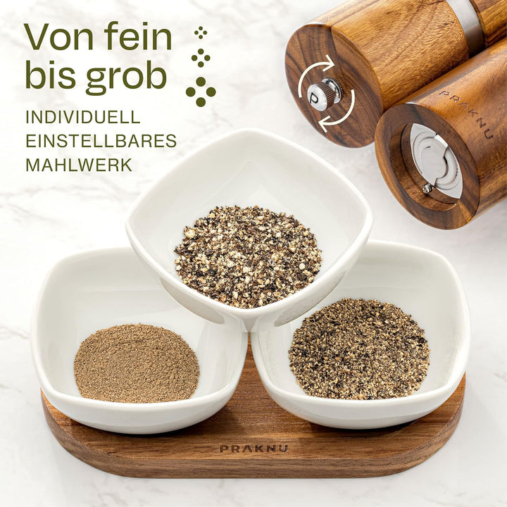 Salz und Pfeffermühle aus Akazienholz mit Untersetzer - Nachhaltiges FSC® Holz - Langlebiges Keramik