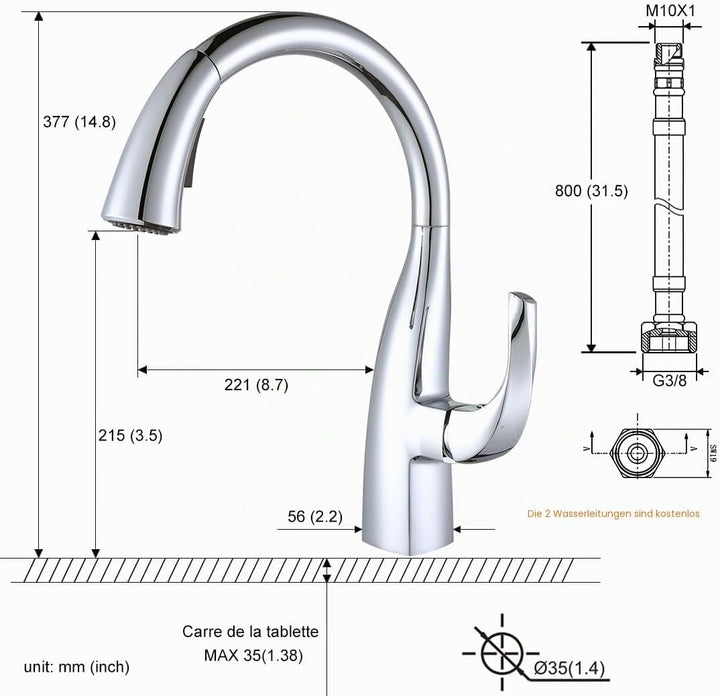 ARCORA Küchenarmatur mit Ausziehbarer Brause, 360° Schwenkbarer Wasserhahn für die Küche, 2 Strahlar
