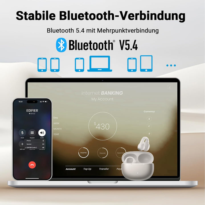 Edifier Open-Ear True Wireless-Ohrhörer, Bluetooth 5.4 mit 28 Stunden, Mikrofone mit AI-Rauschunterd