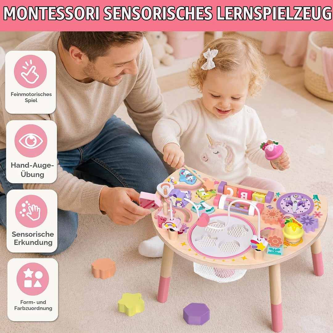 Holz-Aktivitätstisch für Kinder 1-3, Einhorn 10-in-1 Montessori Motorikbrett mit Motorikschleife For