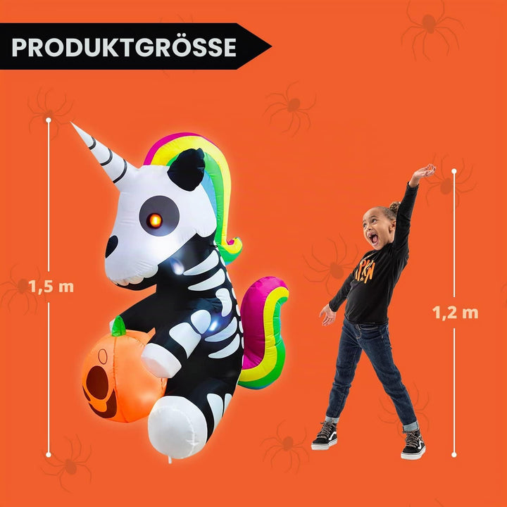 Joiedomi Aufblasbares Halloween-Skelett-Einhorn, 152 cm, aufblasbar, mit eingebauten LEDs, aufblasba