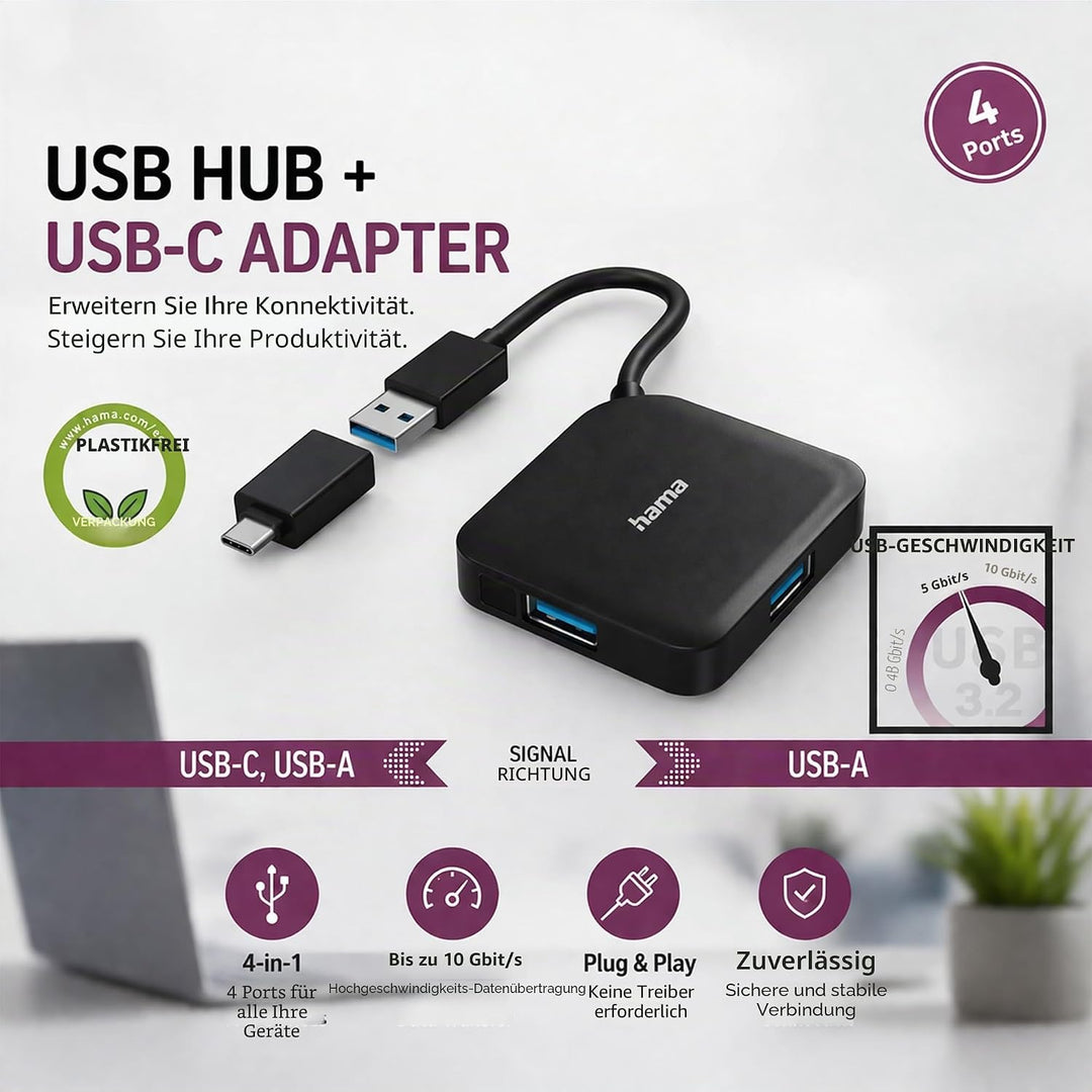 Hama 4-Port USB 3.2 Gen1 Hub (4in1 Verteiler mit 4 Anschlüssen und USB C Adapter, 5 Gbit/s) | USB-Hu