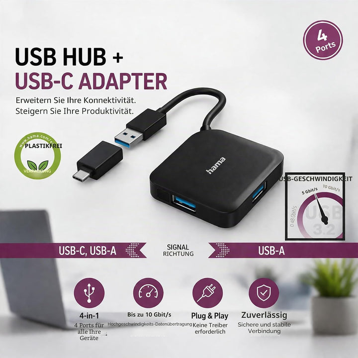 Hama 4-Port USB 3.2 Gen1 Hub (4in1 Verteiler mit 4 Anschlüssen und USB C Adapter, 5 Gbit/s) | USB-Hu
