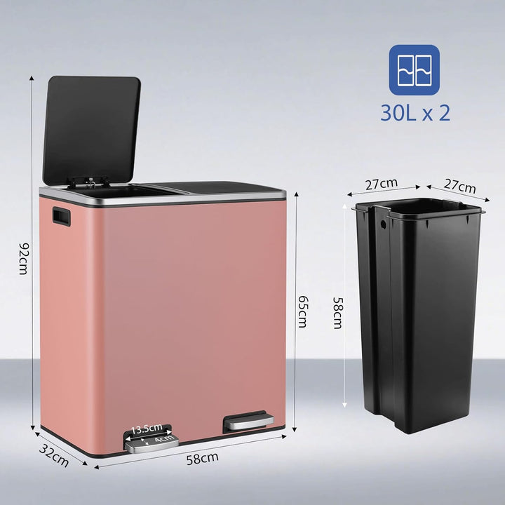 LIFERUN Mülleimer 2 Fächer, Abfalleimer Küche 60L (2x 30 Liter),mit Softclose Deckel, aus Metall,2 p