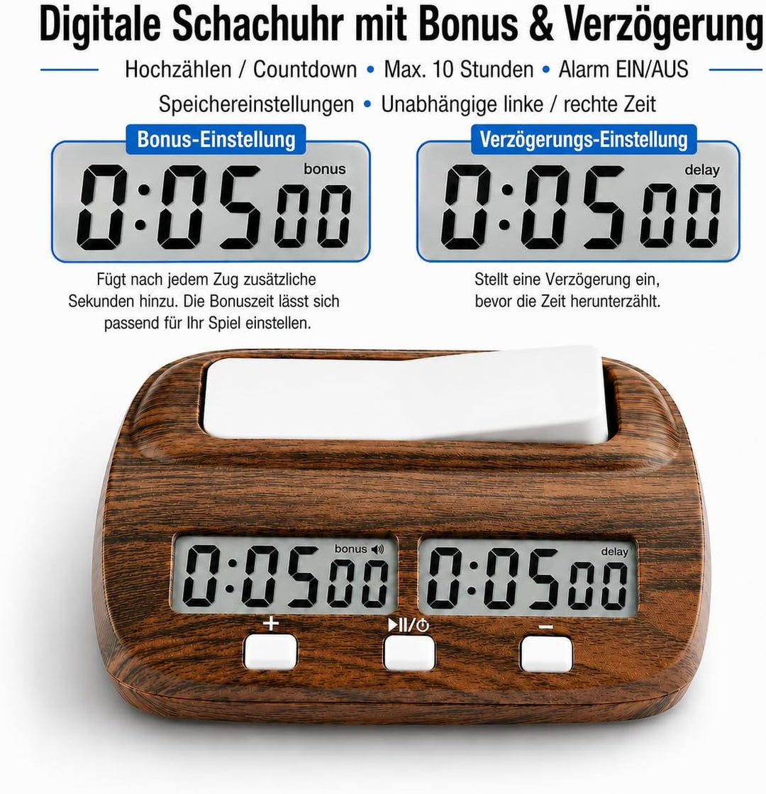 Digitale Schachuhr Timer, Professional Elektronischer Schachtimer Holz Brettspielzähler, Schach Uhr