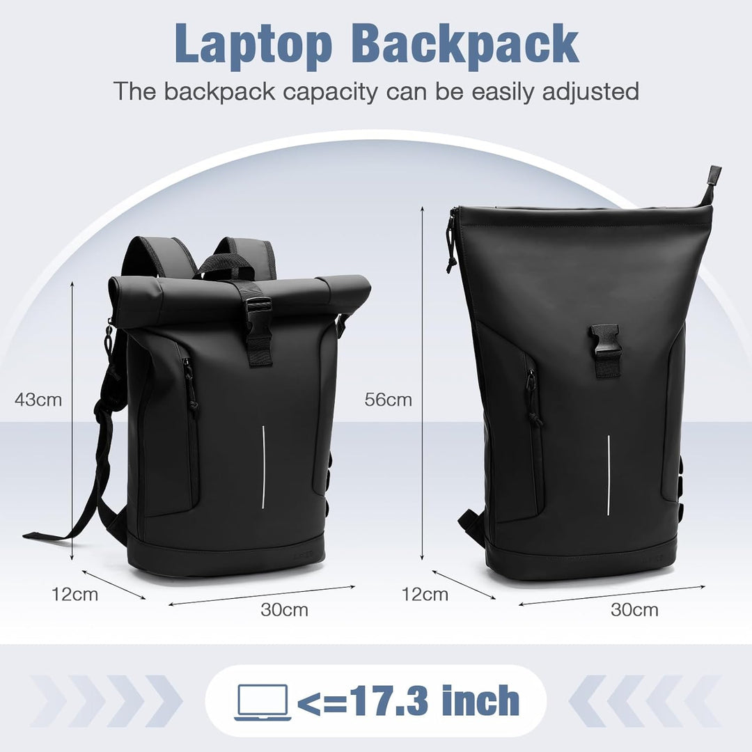 Rolltop Rucksack Herren Damen, Wasserdicht Laptop Schulrucksack mit 17 Zoll Laptopfach, Gross Reiser