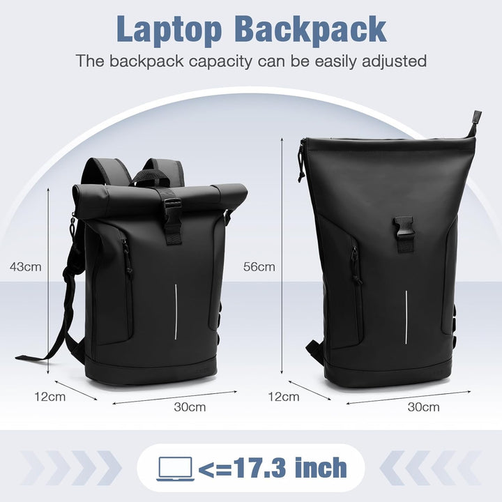 Rolltop Rucksack Herren Damen, Wasserdicht Laptop Schulrucksack mit 17 Zoll Laptopfach, Gross Reiser