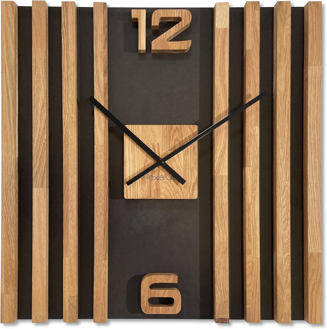 FLEXISTYLE Wanduhr gross aus Holz Lamellen SQ 60cm Holzoptik schwarz 3D Eiche modern ohne Ticken Woh