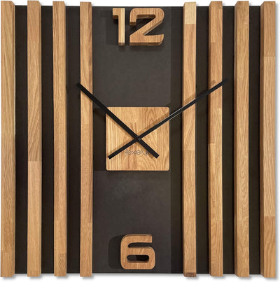 FLEXISTYLE Wanduhr gross aus Holz Lamellen SQ 60cm Holzoptik schwarz 3D Eiche modern ohne Ticken Woh