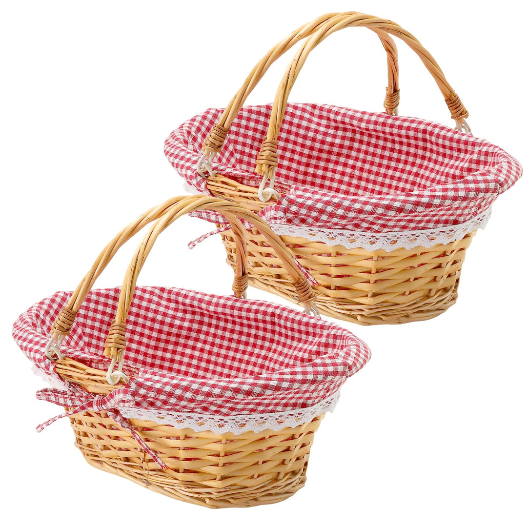 2 Stück Picknickkorb aus Weide, 33x23x12cm, Handgeflochtener Weidenkorb mit Henkel und Gingham Futte
