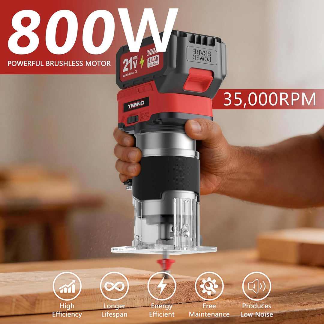 Akku-Holzhobel 20V, tragbare Mini Oberfräse mit 2 x 4,0 Ah Akkus und bürstenlosem Motor, 6 variable