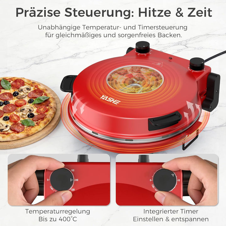 YASHE Elektrischer Pizzaofen für die Arbeitsplatte mit Pizzastein, Einstellbare Temperatur & Timer,