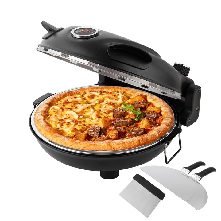 Pizzaofen Elektrisch,Pizzaofen für Zuhause mit 31cm Steinplatte, bis 420°C mit Pfanneneinsatz, 2x Pi