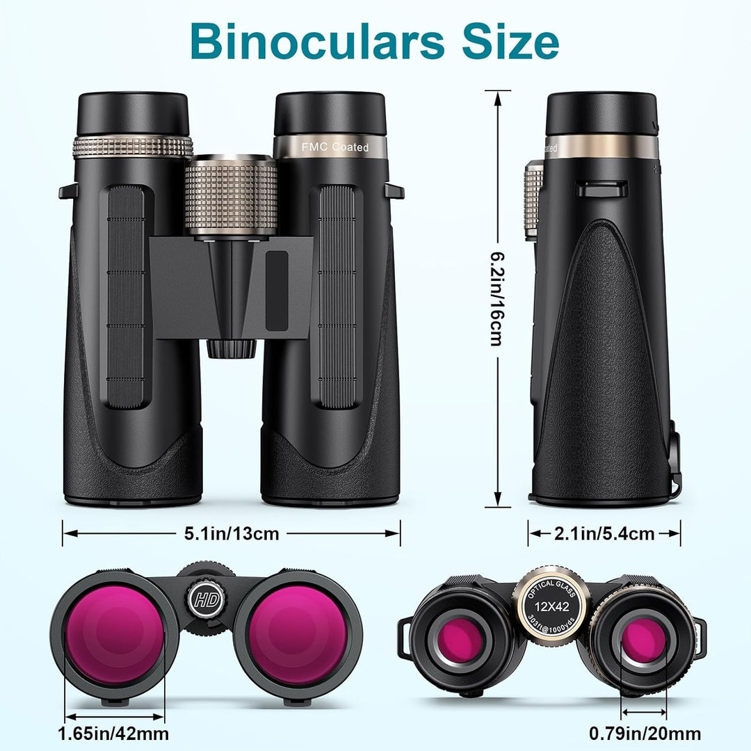 Fernglas 12x42, Magnesium Fernglas mit Nitrogenfüllung und wasserdicht, BAK4 HD Prisma + FMC Objekti