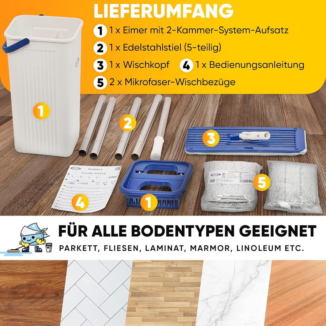 Formosa 2 Bodenwischer Wischmopp Set mit Eimer- 360° Flachwischer, Extra Langer 155 cm Edelstahl Sti