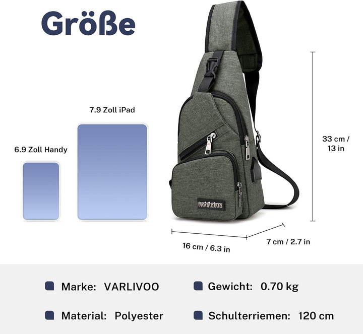 VARLIVOO Herren Sling Bag mit USB Port Crossbody Bag Diebstahlsicherung Schultertaschen Reise Wander