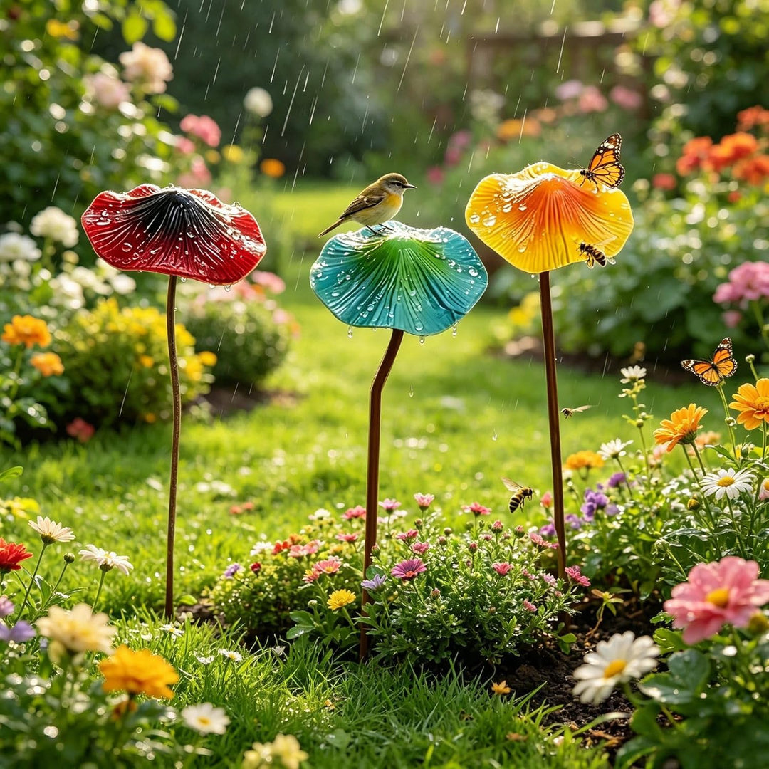 Gartendeko für Draussen Wetterfest 3 Stück Bunte Pilz Deko, Gartenstecker Rost Elfen Figuren Garten