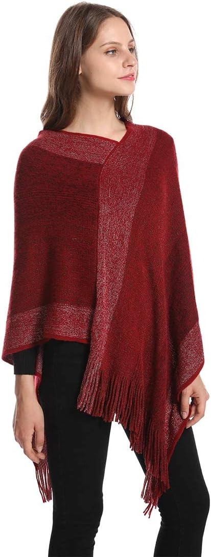 Damen-Poncho-Pullover, V-Ausschnitt, gestreift, Strickschal, Cape, Pullover mit Fransen, S-L Burgund