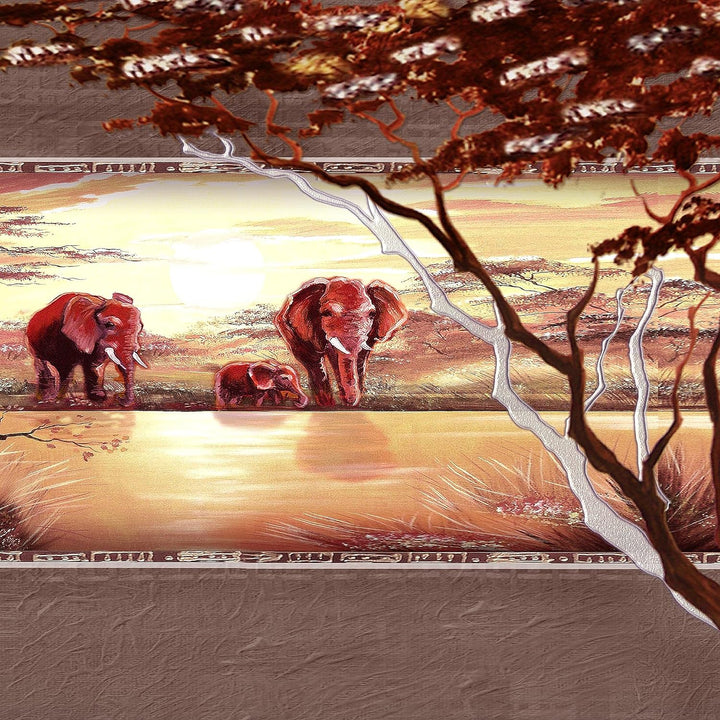 Runa Art Wandbilder Afrika Elefant 5 Teilig Bild auf Vlies Leinwand Deko Wohnzimmer Schlafzimmer Sav